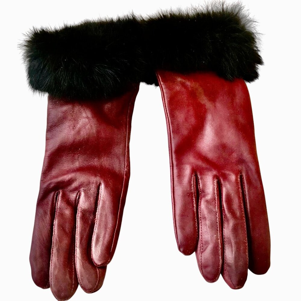 Vintage Leather Gloves Oxblood Brown Acrylic Lining Fur Cuffs Womens Large New